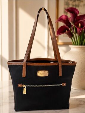Michael Kors Jet Set Travel Large  Nylon Tote in Black with Brown Trim-Laptop